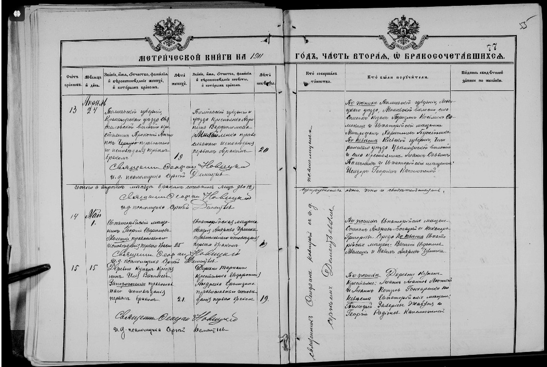 брак 01.05.1911 Егор (Георгий) Евфимович Мелешко и Агафья Андреевна Чумичка Георгий (Егор) Евфимович (Ефимович) Мелешко