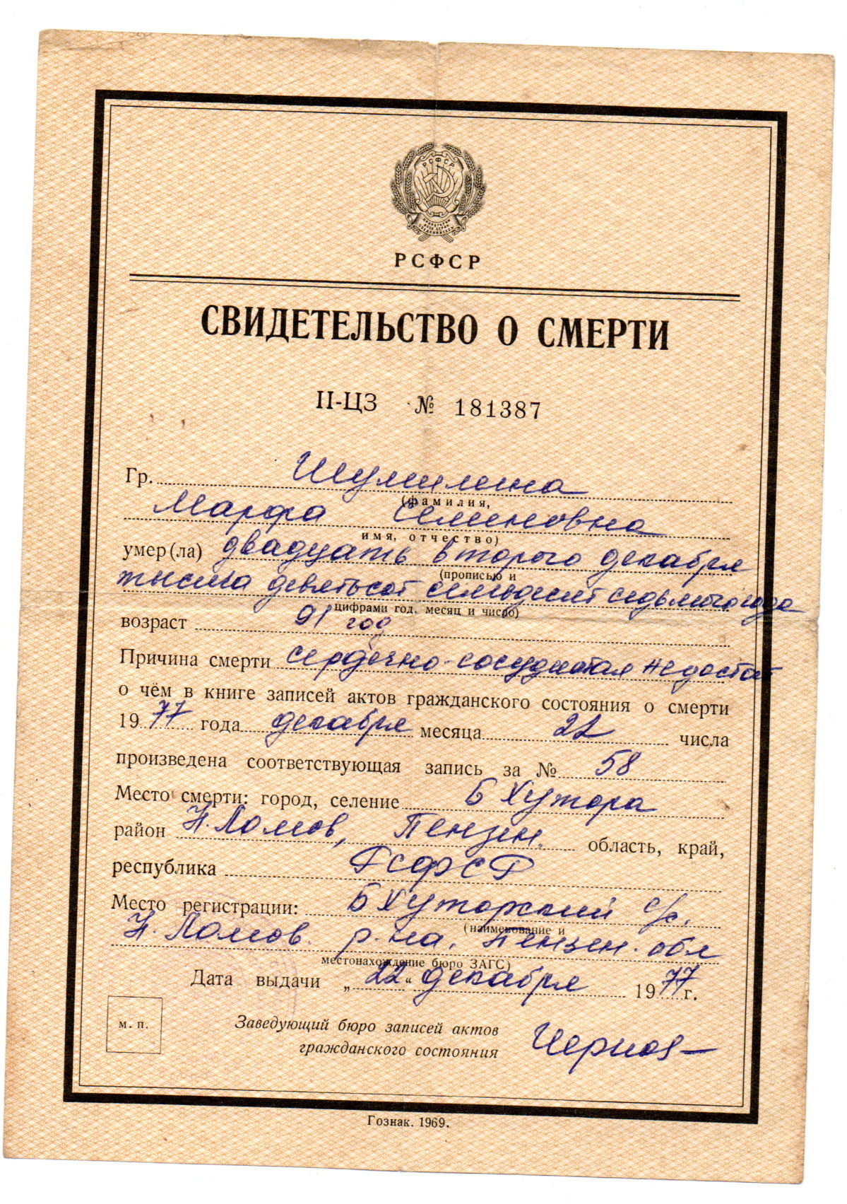 Марфа Семеновна свидетельство о смерти Марфа